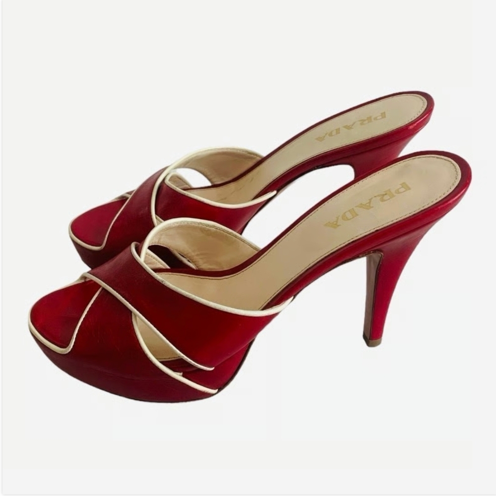 Prada Vitello Raspberry Beige Leather Platform Peep Toe High Heel Sandals Sz 36 - Picture 4 of 9